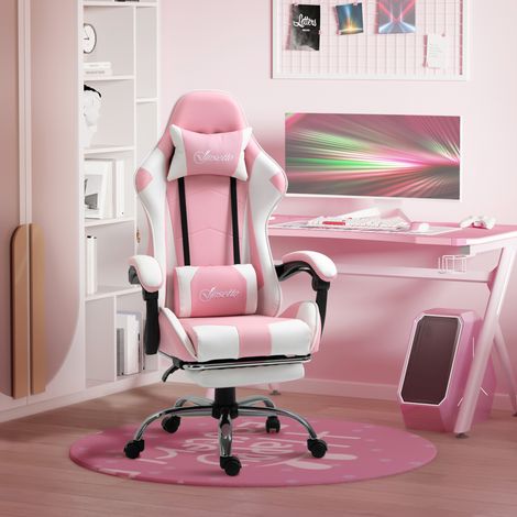 Silla gaming ergonómica con reposapiés y ruedas rosa OKMYHOME (1/4)