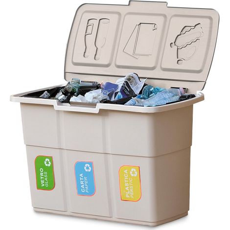 Poubelle tri sélectif 3 compartiments 25L – Dimensions 75 x 37 x H50 cm – Couvercle unique pour recyclage – Capacité totale 75L – Toomax (1/5)