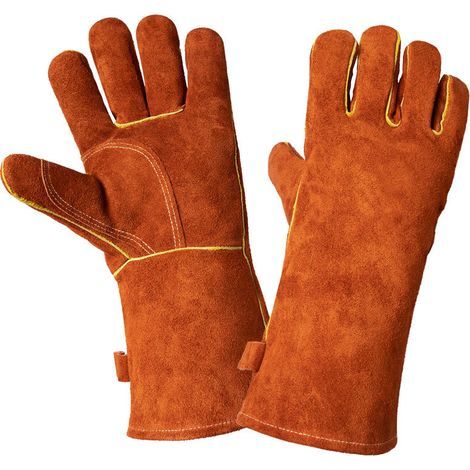 Gants de Barbecue en Cuir, Gants de Four Anti Chaleur, Gants de Soudage, Résistant au Feu et à la Chaleur, pour Le Barbecue, Pâtisserie, Four, Soudure, Cheminée, Jardinage - Brun Café (1/5)