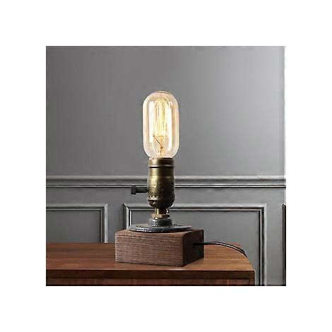 Industrielle Steampunk-Schreibtischlampe, Vintage-Steampunk-Tischlampe mit Rohrdesign, kleine Retro-Edison-Antik-E27-Lampe mit Akzentholzfuß im minimalistischen Loft-Stil