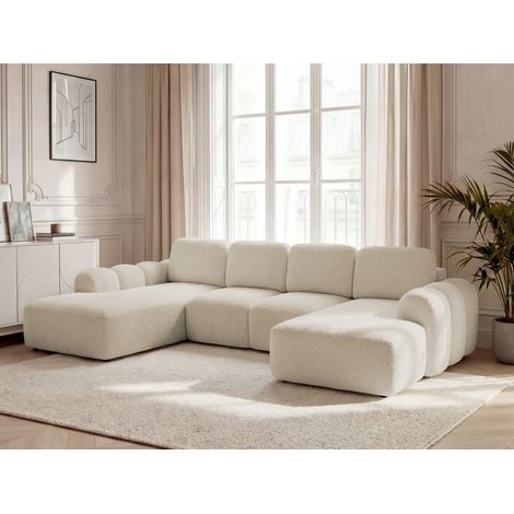 BOBOCHIC - Canapé panoramique convertible coffre MONTAIGNE tissu bouclette Angle droit  Beige