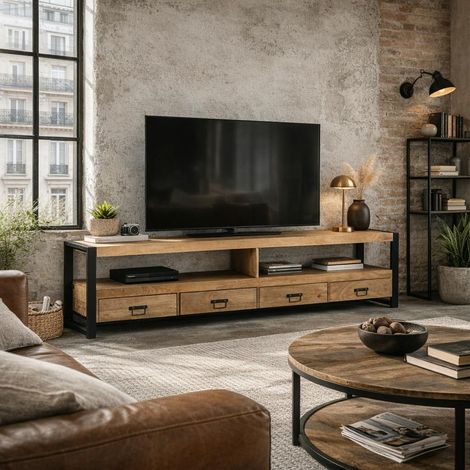 Long meuble TV bois clair métal noir 4 tiroirs MILORA (1/5)