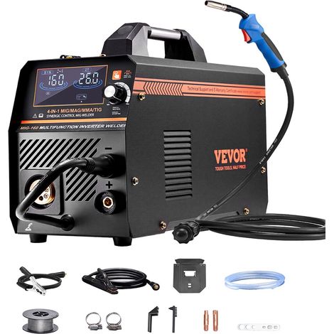 Poste à Souder MIG, 160 A, Machine de Soudage Synergique Soudeuse Portable Multi-processus MIG sans Gaz au Gaz MMA Lift TIG 4 en 1 Soudeur Puissant avec Technologie Onduleur IGBT, Écran LCD (1/5)