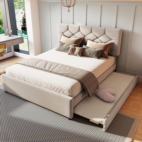 Cama doble tapizada con nido dormitorio beige 140x200 OKMYHOME (1/5)