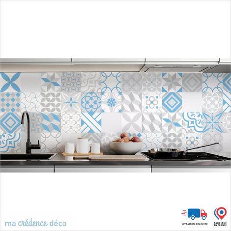 Crédence : Carreaux ciment gris et couleurs - Couleur Bleu Pastel - Alu composite - 120 - 60 (1/3)