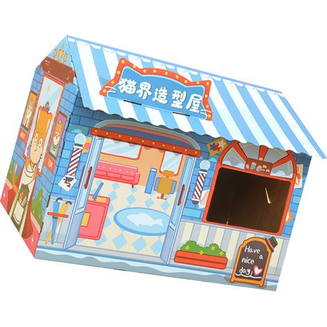 Maison à chat avec griffoir, grand espace ludique et idéal pour faire ses griffes. Griffoir en carton ondulé, style niche pour chat, design salon de toilettage. (1/4)