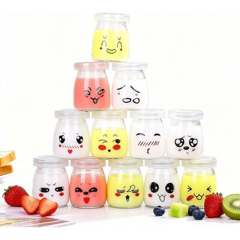 12 Pot Yaourt en Verre avec Couvercle, 100ml petit Pot en Verre avec Couvercle, Pot avec Couvercle pour Thermomix, Cookéo (1/5)
