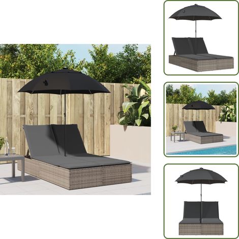 The Living Store Chaise longue double et coussins et parasol gris résine tressée - Chaises Longues Doubles - Transats - Lit De Bronzage - Mobilier De Jardin - Chaises Extérieures