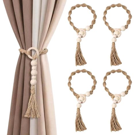 Embrasses bohèmes pour rideaux – Lot de 4 attaches en corde de jute et perles de bois – Macramé décoratif – Pour maison, salon, chambre, bureau (1/4)