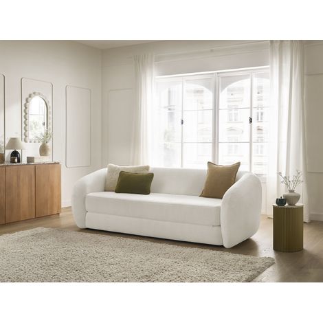 BOBOCHIC - Canapé droit convertible déplimousse NEYO tissu bouclette Blanc (1/5)