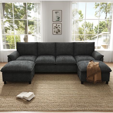 Sofá modular rinconero en U 264.5x142.5x84 cm negro chenilla con 2 reposapiés móviles y almacenamiento (1/5)