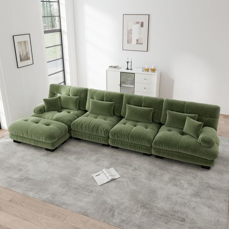 Canapé d'angle modulaire en velours chenille vert, 4 places, ensemble canapé nuage confortable pour salon, avec pouf mobile, combinaison DIY en L (1/4)