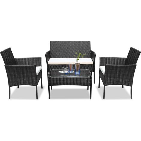 SWANEW Set di mobili da giardino in resina intrecciata - 4 posti - Divano + Poltrona + Tavolo + Cuscini per seduta Nero (1/5)
