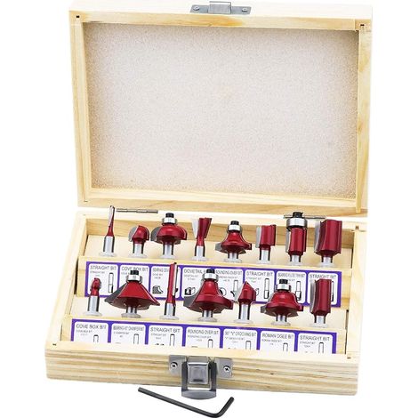 15 tlg.Fräser Set 6.35 mm Schaft Fräser für Oberfräse Holzfräser Oberfräsen Zubehör für Holz koffer (1/5)