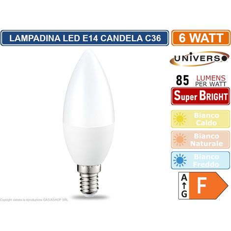 UNIVERSO LAMPADINA LED CANDELA C36 ATTACCO E14 POTENZA 6W - 510 LUMEN - 3000K 4000K 6500K - Colore Luce: Bianco Freddo (1/2)