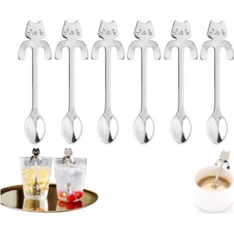 6 pièces de cuillère à café Chat en Acier Inoxydable 304, cuillère à Dessert cuillère à thé Design Suspendu pour Chat, utilisée