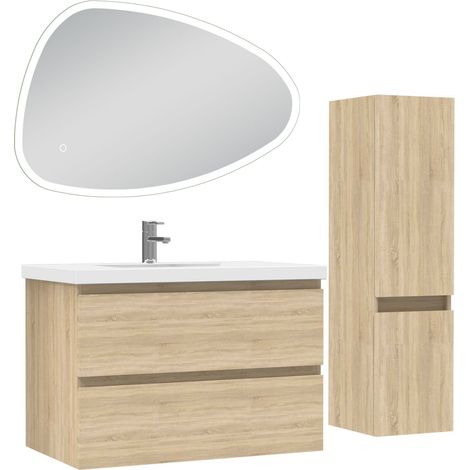 Ocean ensemble meubles Salle de Bain 80cm vasque + colonne + miroir 3 couleurs LED Chêne Wotan