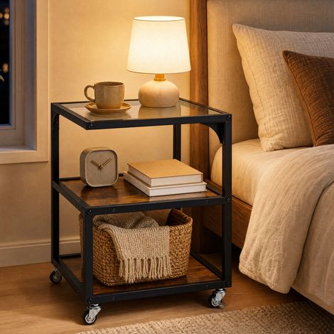 Table d'appoint marron 3 niveaux avec verre trempé, structure acier et roulettes dont 2 avec frein, pour salon chambre et bureau (1/5)