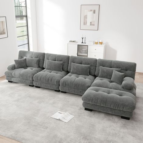Canapé d'angle modulable 4 places en chenille gris, poufs mobiles, canapé en L configurable, 406 x 145 x 81 cm (1/5)