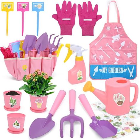 Children's Gardening Kit, Children's Gardening Tools, Garden Tools Included Shovel, Rake, Apron, Watering Can, Glove, DIY Stickers, Gardening Kit for Boys and Girls (Pink) (1/5)