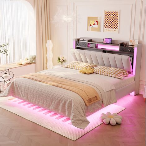 Letto imbottito moderno 140x200 cm beige con testiera portaoggetti, USB, LED e rete a doghe (1/5)