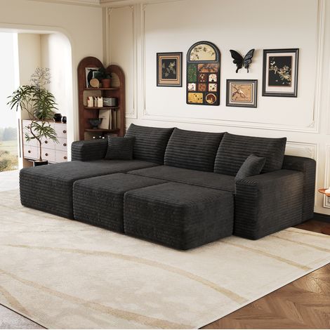 Divano 241x151x58 cm, senza montaggio, seduta morbida, tessuto a coste, nero (1/5)