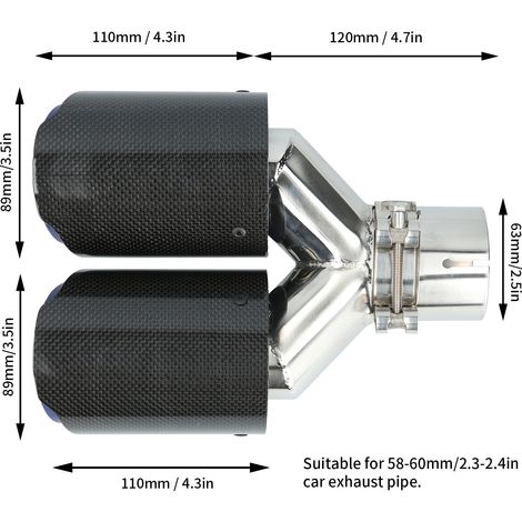 Sortie d'échappement double universelle en fibre de carbone brillante de type Y avec bord droit et finition bleuie (AP26KR-6389) pour la modification de voitures (1/5)