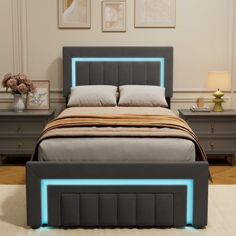 Cama tapizada 90x190 cm, Tejido velour, Almacenamiento hidráulico y luz LED, Base de listones incluida, Gris (1/5)