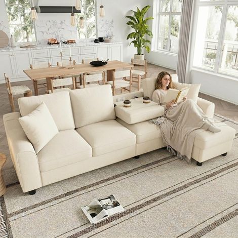 Canapé d'angle en L,tissu chenille,dossier rabattable avec porte-gobelets,canapé 4 places,chaise longue avec rangement pliable,beige