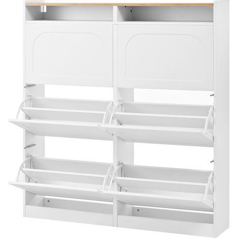 Meuble à chaussures moderne, avec 6 compartiments à abattants, LED, deux niches de rangement ouvertes, adapté à l’entrée ou au couloir, Blanc + naturel, dimensions: B120/H130/T24 cm