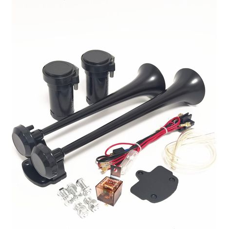 Klaxon de voiture Car Horn 24V Klaxon pneumatique Klaxon de camion 170db Klaxon à double tube tweeter noir et pavillon de basse avec pompe à air Haut-parleur pour 24V camion Vans bateau etc (1/5)