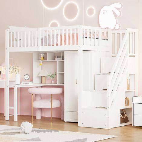 Lit mezzanine bois blanc 90x200 cm avec armoire, bureau, étagère et escalier de rangement (1/5)