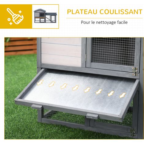Clapier cage à lapins rongeurs 2 niveaux clapier lapin nain avec 3 portes verrouillables tiroir à déjection toit intégral bitumé 147L x 54l x 84H cm bois massif pin gris (1/5)