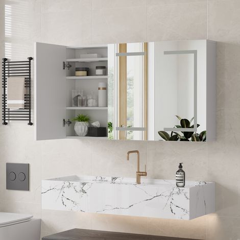 Miroir lumineux de salle de bain 100x60cm, Miroir salle de bain avec eclairage LED, 3 portes - Prise - Bouton tactile - Étagère réglable – Anti-buée – Blanc (1/5)