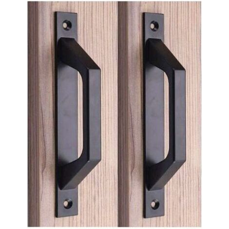 Jeu de forets poignée en bois poignée de porte de grange poignée de porte coulissante en aluminium, noir 20X2.5X4.7 cm (1/5)