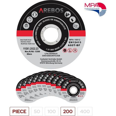AREBOS cutting discs flexible discs Ø115 mm receiving 22.2 mm thickness 1 mm 200 pieces