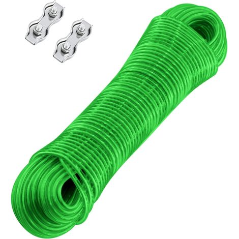 1 Corde à linge, 30m, Noyau en acier, Revêtement PVC, 2 Tendeurs, Charge 120kg, Jardin Balcon (1/5)
