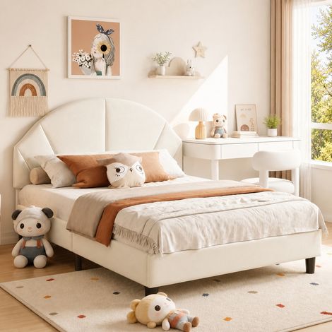 Lit Enfant Velours 90x200cm, Tête de Lit Coquille Réglable, Tissu Beige Doux, Cadre Métallique, Sommier à Lattes, Mobilier Moderne pour Chambre d'Enfant