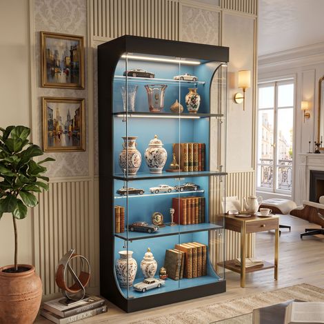 Creahappy Vitrine en Verre LED 80x35x165 cm - Meuble de Rangement Séjour avec Prise USB Détecteur - Noir Design Moderne (1/5)