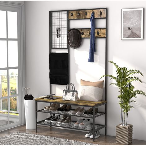 Garderobe mit Sitzbank, 9 Haken, Schuhregal, 100 x 40 x 185 cm (1/5)