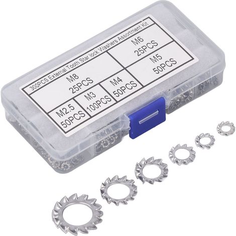 Kit de 300 rondelles frein étoile à dents externes M2.5 M3 M4 M5 M6 M8 en acier inoxydable 304 (1/5)