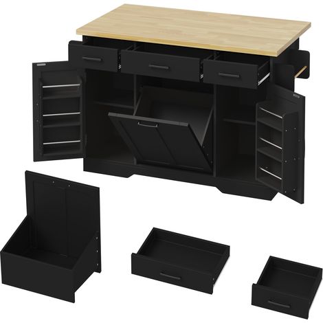 Îlot de cuisine mobile avec plateau rabattable, chariot de cuisine, meuble de rangement, meuble poubelle, buffet avec étagère à épices, tiroir et roulettes, 120 × 45 (70) × 87 cm (1/5)