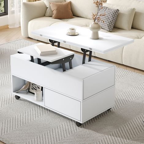 Table basse, table de salon réglable en hauteur, table multifonctionnelle 3 en 1 avec roulettes, 4 tiroirs, pour salon, bureau, convertible en table de salon/salle à manger, blanche, 100 x 50 x 52 cm (1/4)