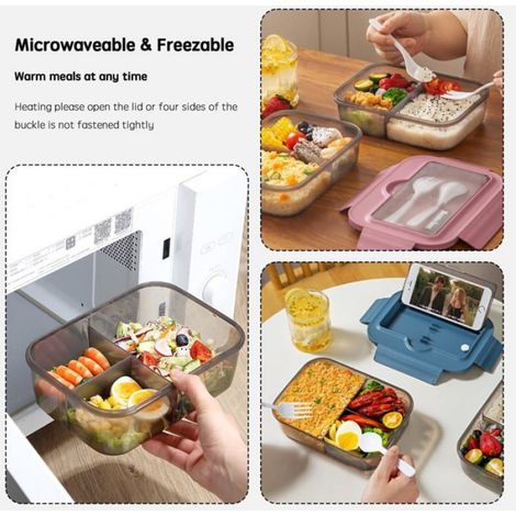Lunch Box Micro Ondable, 1400Ml Boite Repas avec 3 Compartiments et Couverts, Boite à Lunch pour Pique-Nique, Travail, Écoles (1/5)
