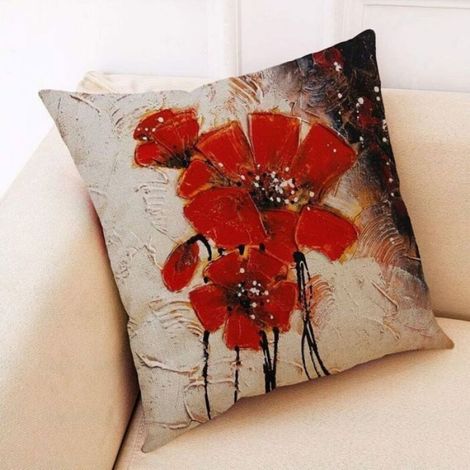 4pcs Housses de coussin décoratives - Style bohème En lin - Salon et canapé - Motif fleurs rouges 45x45 cm (1/5)