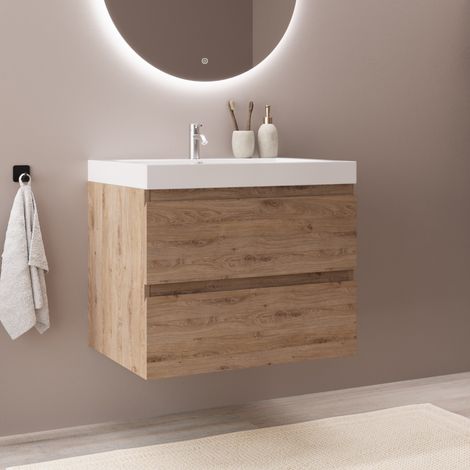 LOMAZOO Meuble de Salle de Bain 60cm Chêne Clair - Vasque Blanche