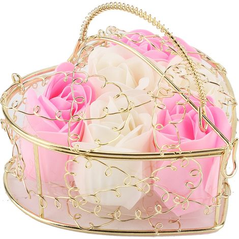 Fleur De Savon Rose - Panier En Fer Doré - Cadeau Romantique Saint-Valentin - Lot De 6 Roses (1/5)