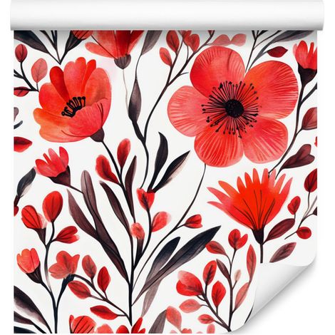 Papier peint Fleurs et Feuilles Rouge et Corail pour Salon et Chambre 50x1000 cm (1/5)