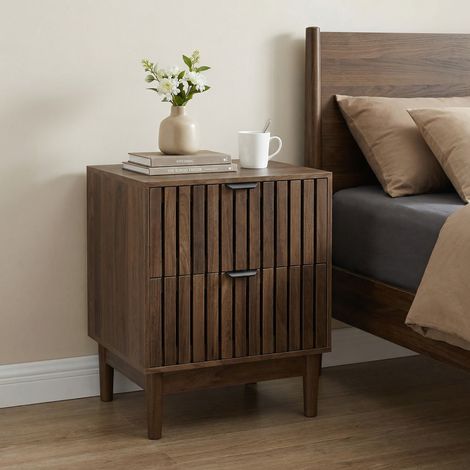 REDOM Comodino 45x39x56.5 cm, 2 cassetti e vano portaoggetti, design a doghe, MDF e pannelli di particelle noce