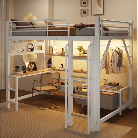Hochbett 140x200 cm Weiß aus MDF und Metall mit Schreibtisch, LED-Lichtleiste, USB-Anschluss und Stauraum (1/5)